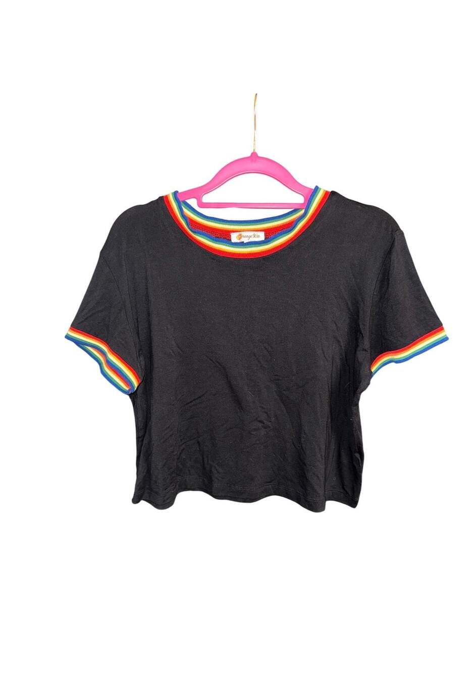 Orange Kiss Black Short Sleeve Crop Top with Rainbow Ringer Detail